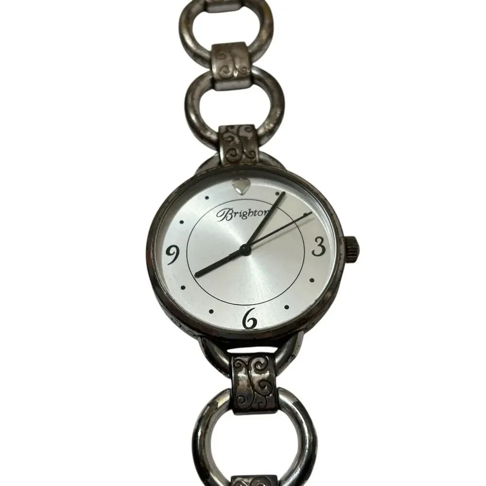Brighton Watch York Women Silver Tone Link Bracelet w/White Dial Heart READ